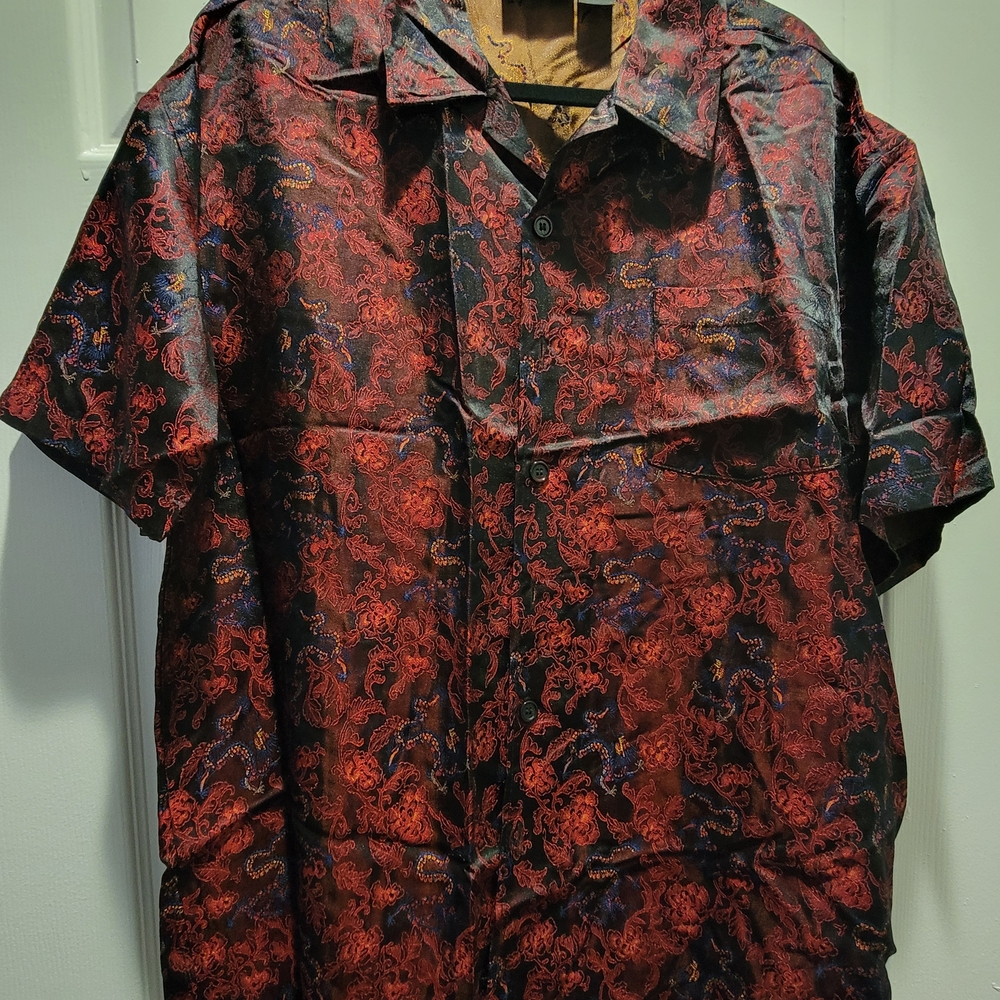 Red and Black Casual Button Down Shirt with Chinese Dragon Design